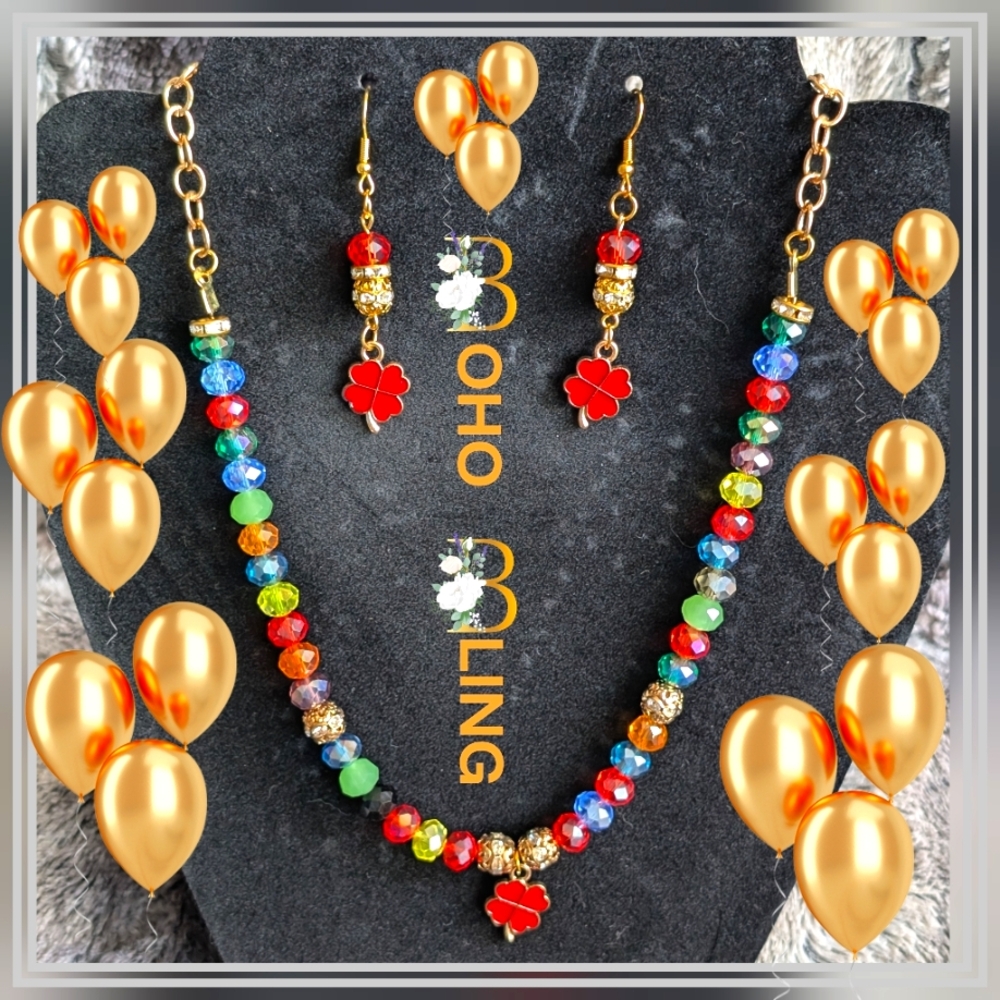 Vibrant Rainbow Crystal Necklace & Lucky Clover Charm Earring Set